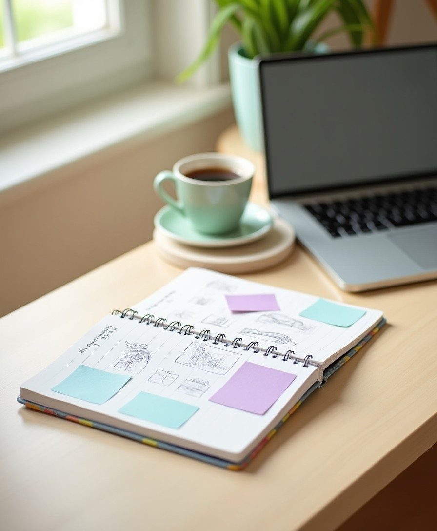 Scrivania luminosa con quaderno di progetto, laptop e tazza di caffè